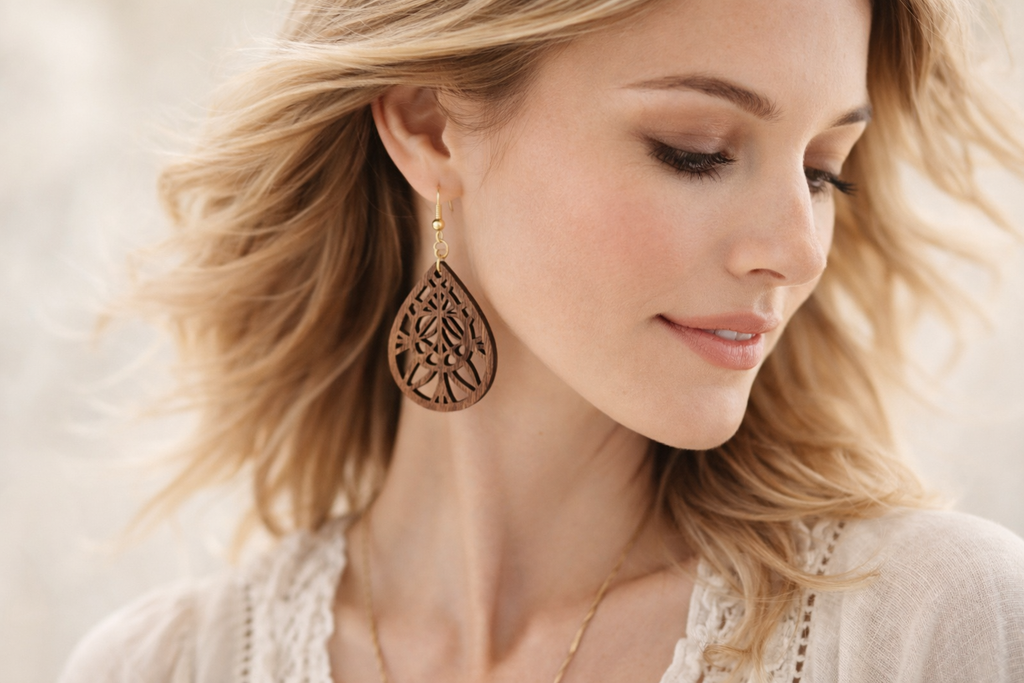 Drewniane kolczyki Łezka | Model 01 – drewno orzechowe, styl boho