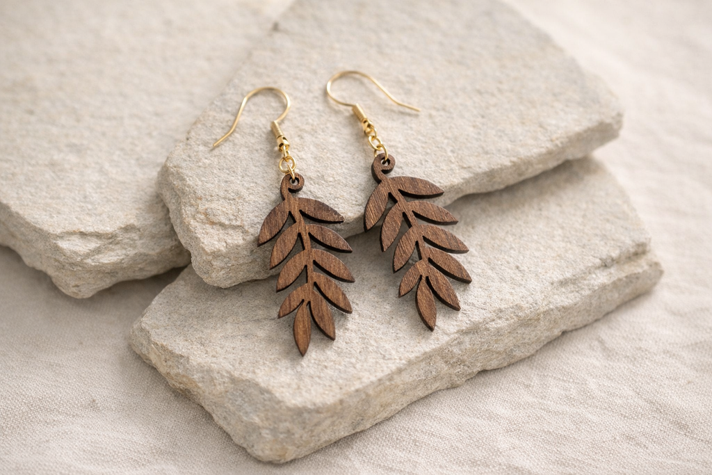 Drewniane kolczyki Listki | Model 04 – drewno orzechowe, styl boho