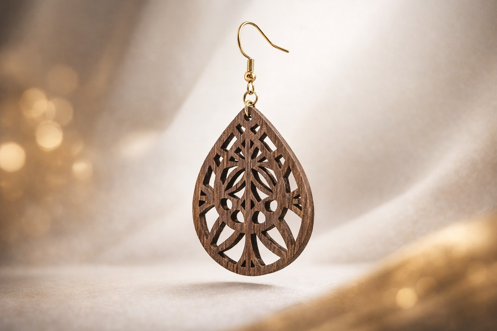 Drewniane kolczyki Łezka | Model 01 – drewno orzechowe, styl boho