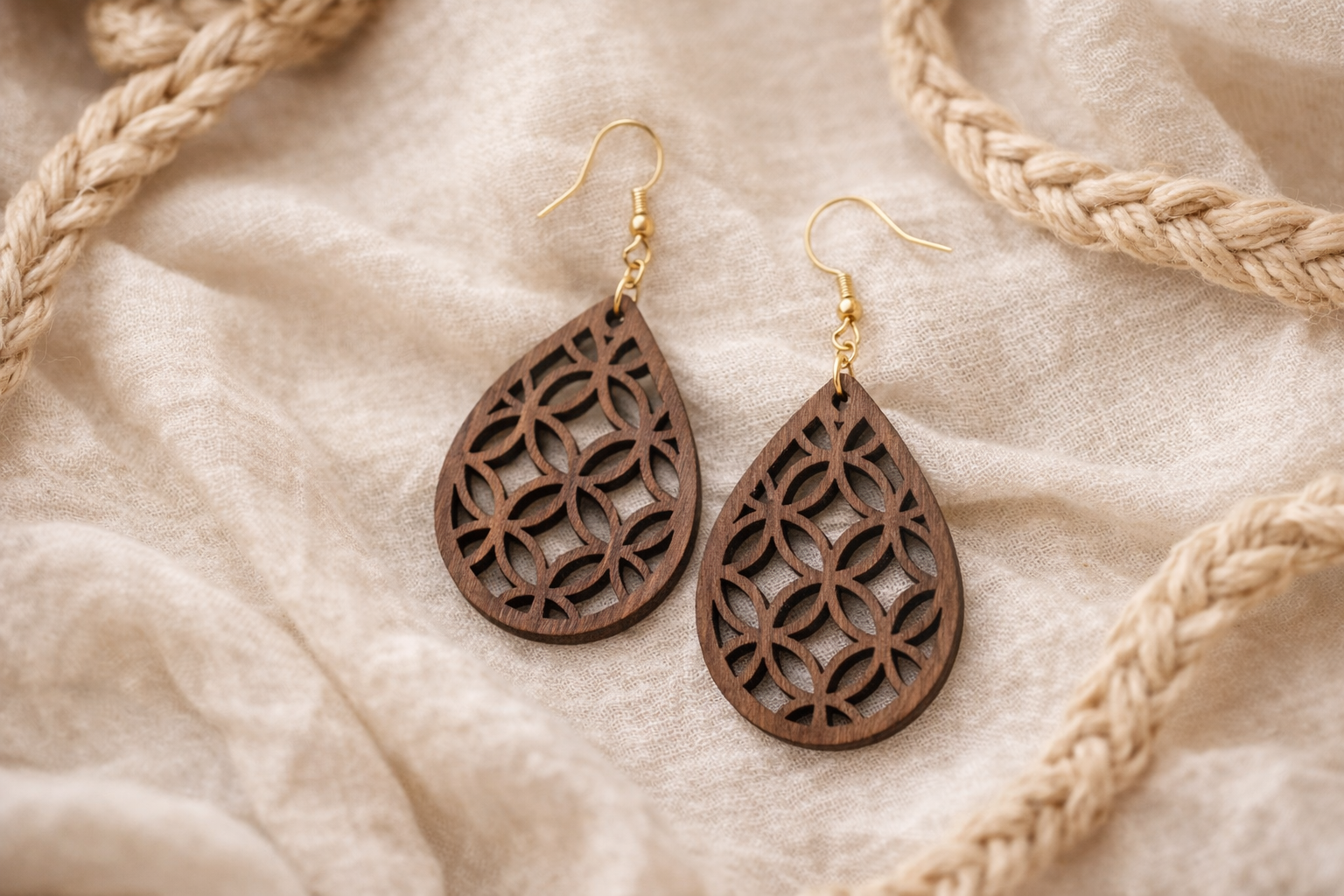 Drewniane kolczyki Łezka | Model 02 – drewno orzechowe, styl boho