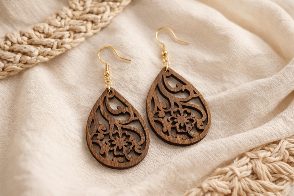 Drewniane kolczyki Łezka | Model 03 – drewno orzechowe, styl boho