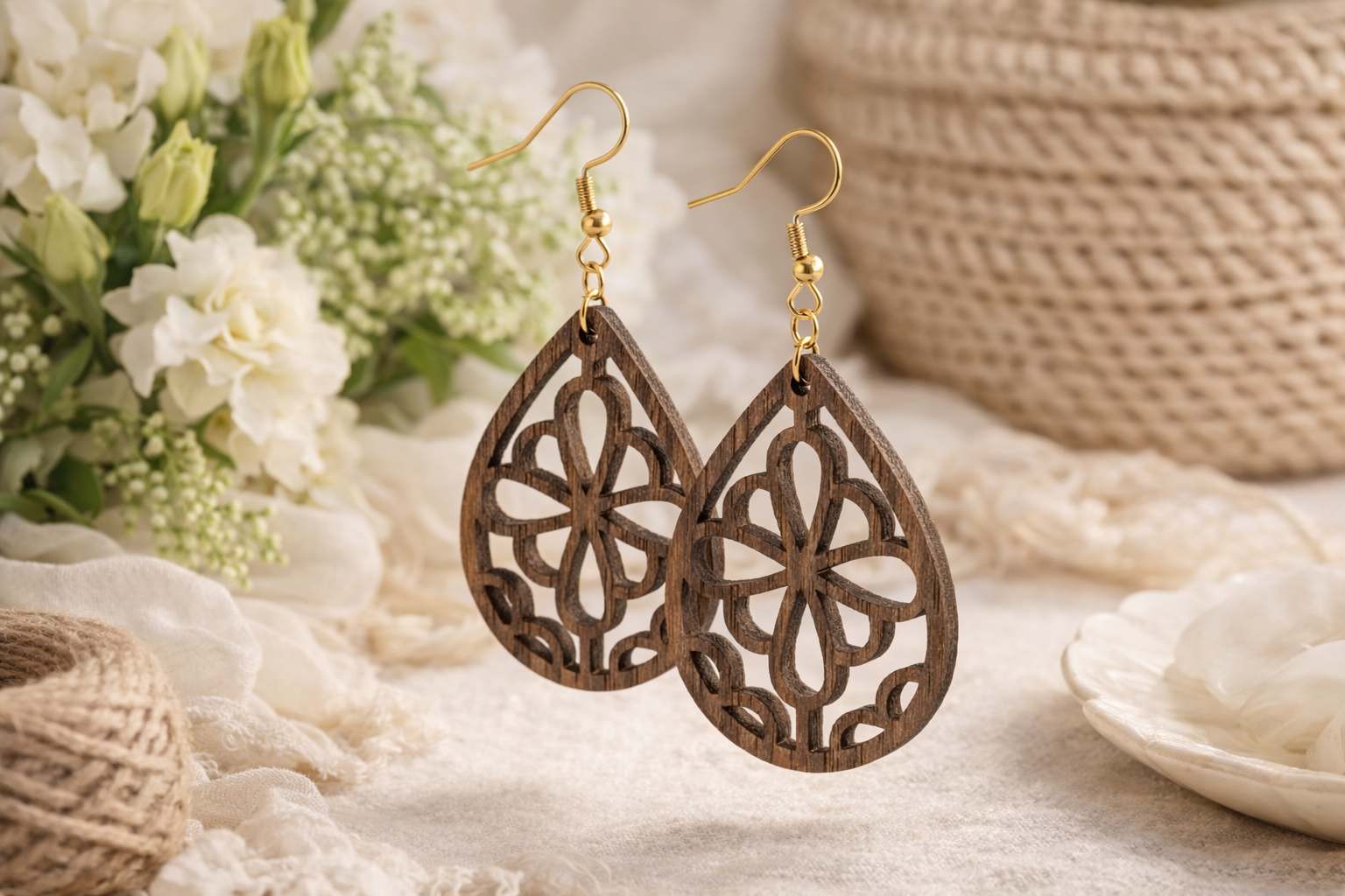 Drewniane kolczyki Łezka | Model 04 – drewno orzechowe, styl boho