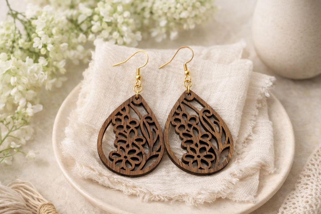 Drewniane kolczyki Łezka | Model 05 – drewno orzechowe, styl boho