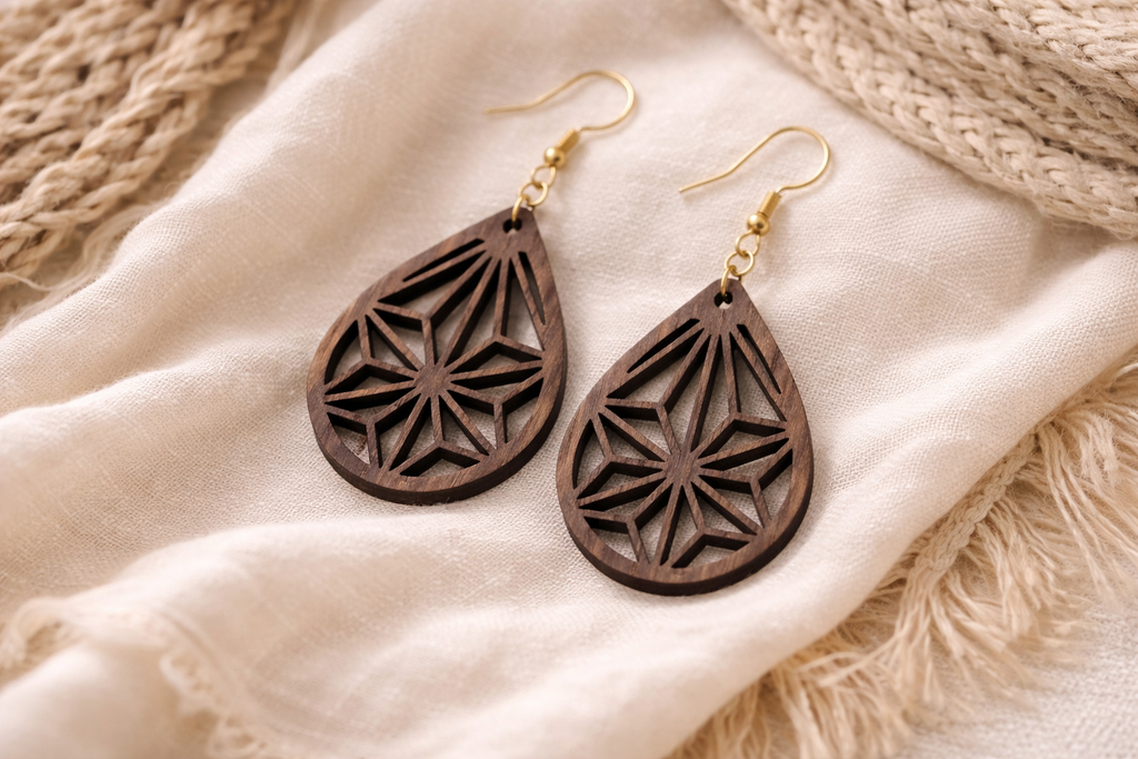 Drewniane kolczyki Łezka | Model 06 – drewno orzechowe, styl boho