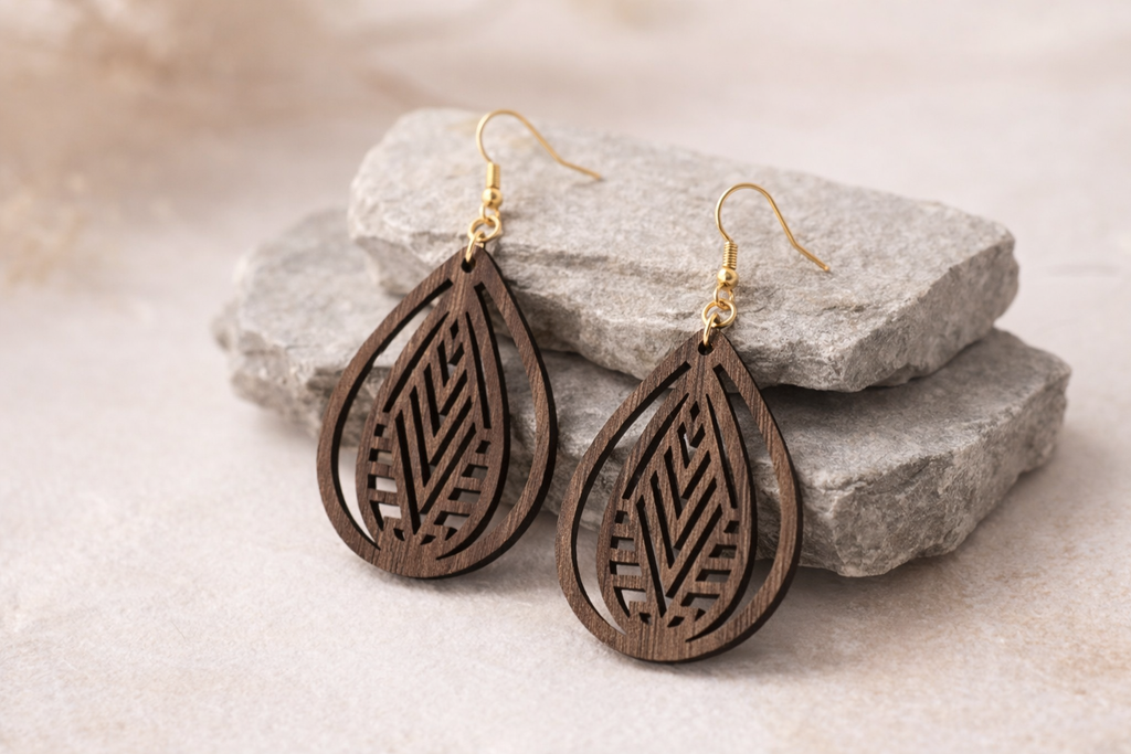 Drewniane kolczyki Łezka | Model 07 – drewno orzechowe, styl boho