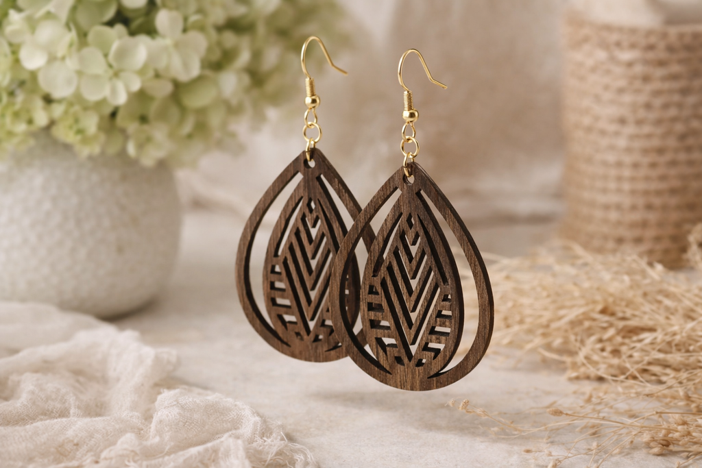 Drewniane kolczyki Łezka | Model 07 – drewno orzechowe, styl boho