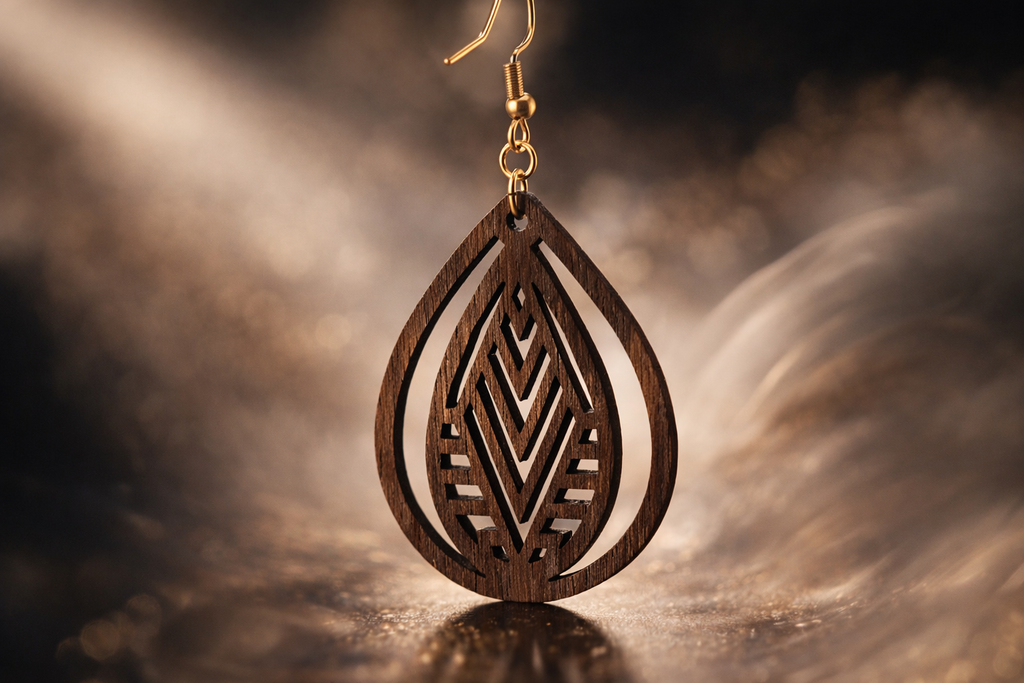 Drewniane kolczyki Łezka | Model 07 – drewno orzechowe, styl boho