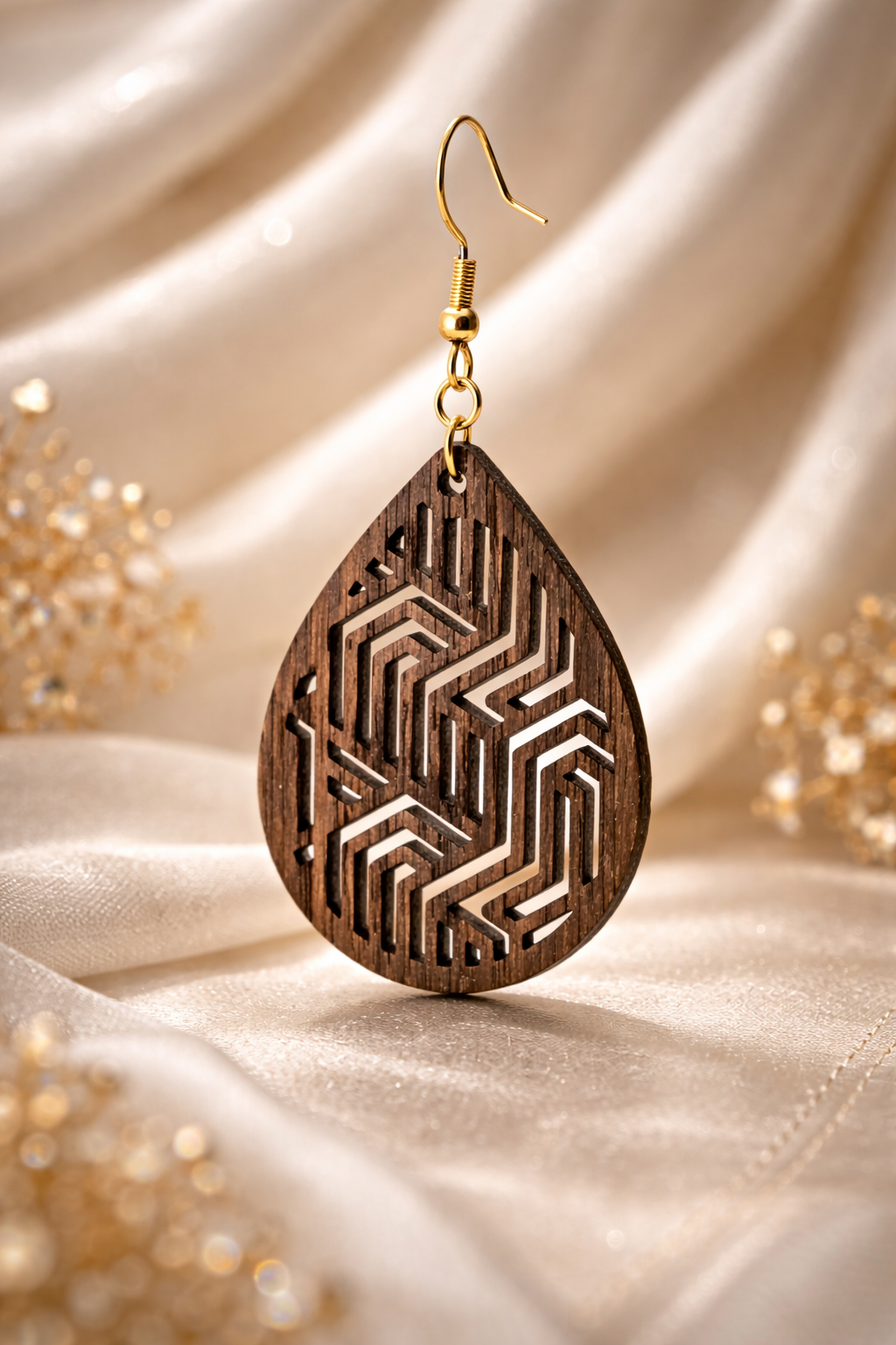 Drewniane kolczyki Łezka | Model 08 – drewno orzechowe, styl boho