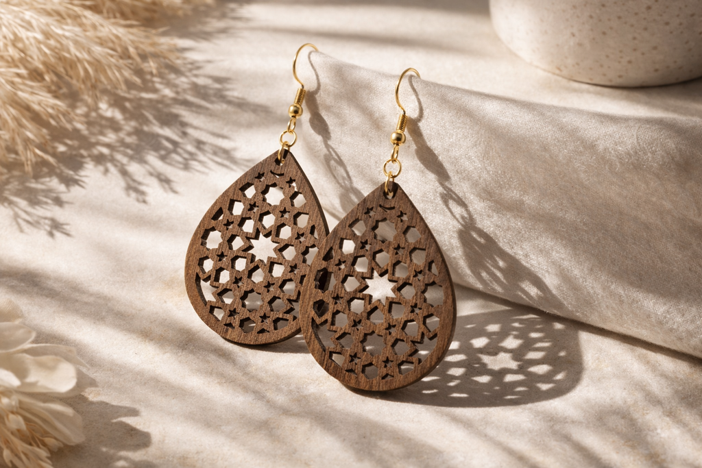 Drewniane kolczyki Łezka | Model 10 – drewno orzechowe, styl boho