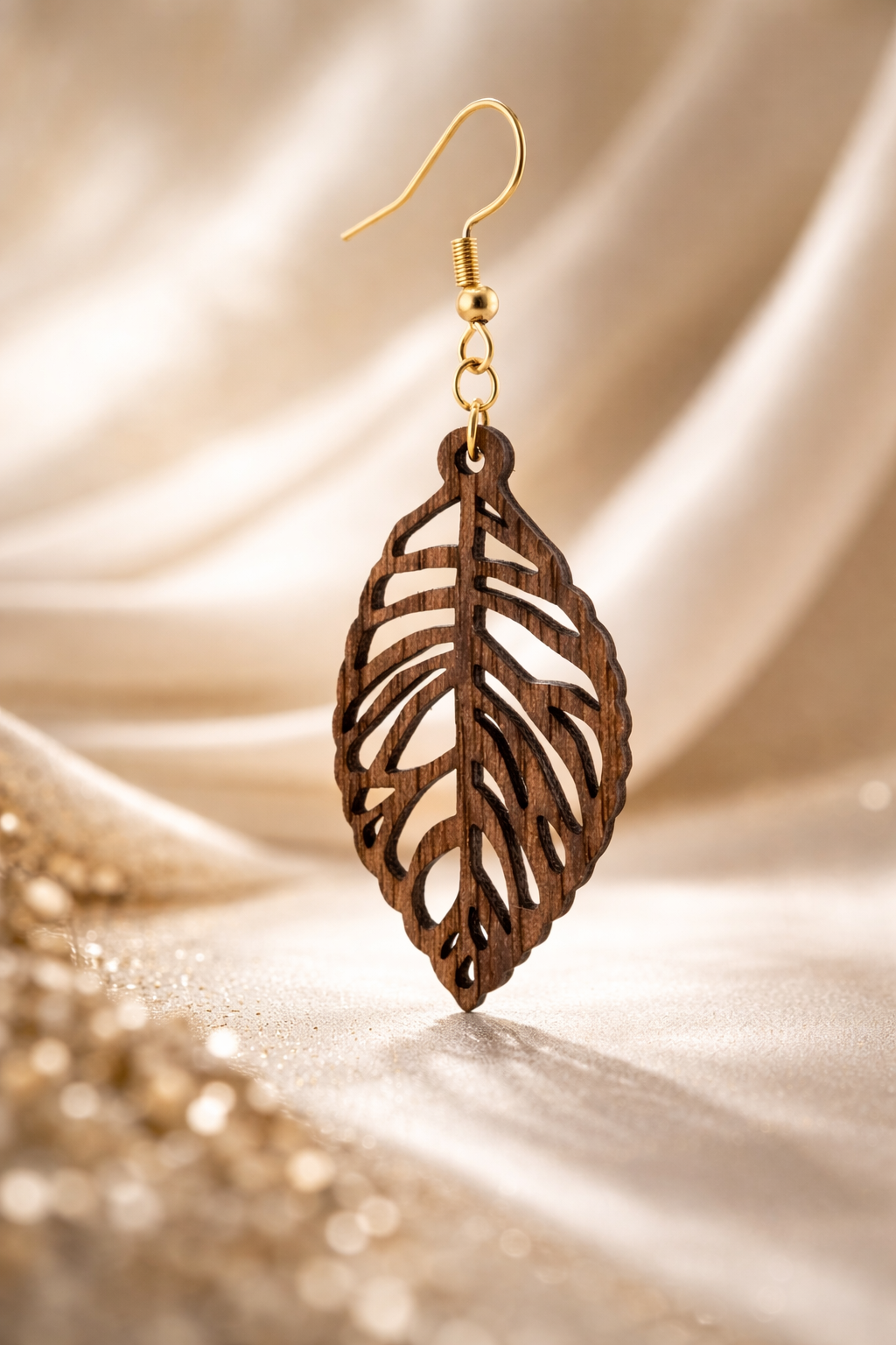 Drewniane kolczyki Listki | Model 02 – drewno orzechowe, styl boho