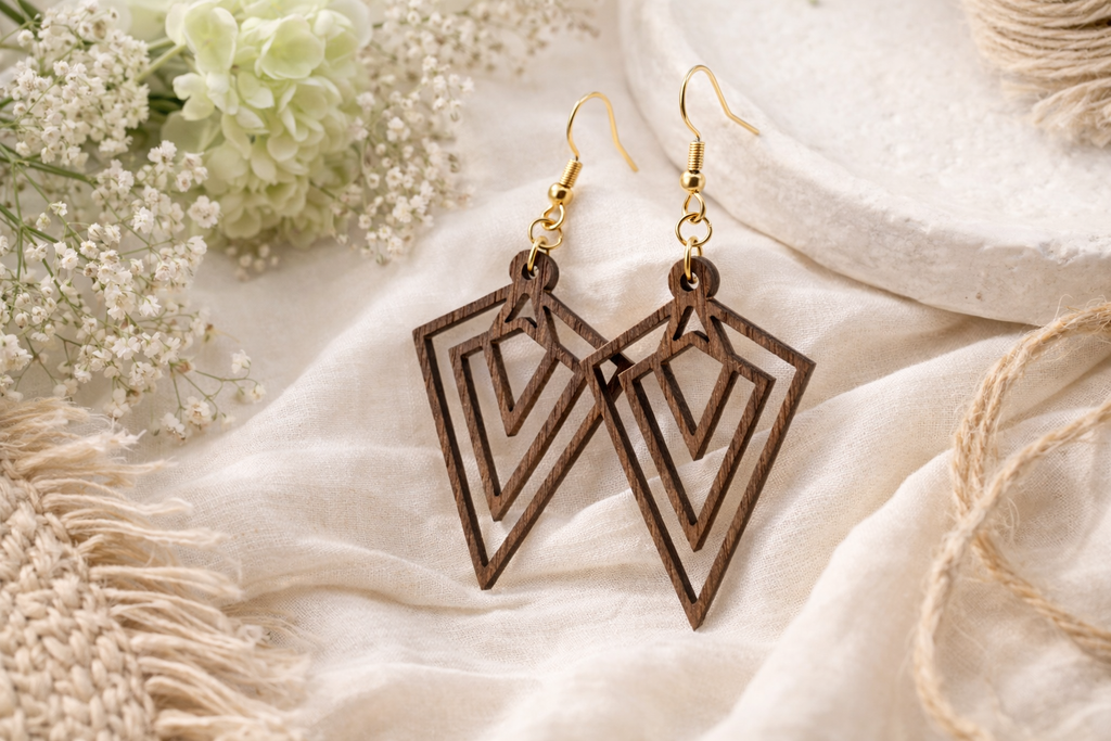 Drewniane kolczyki Romby | Model 01 – drewno orzechowe, styl boho